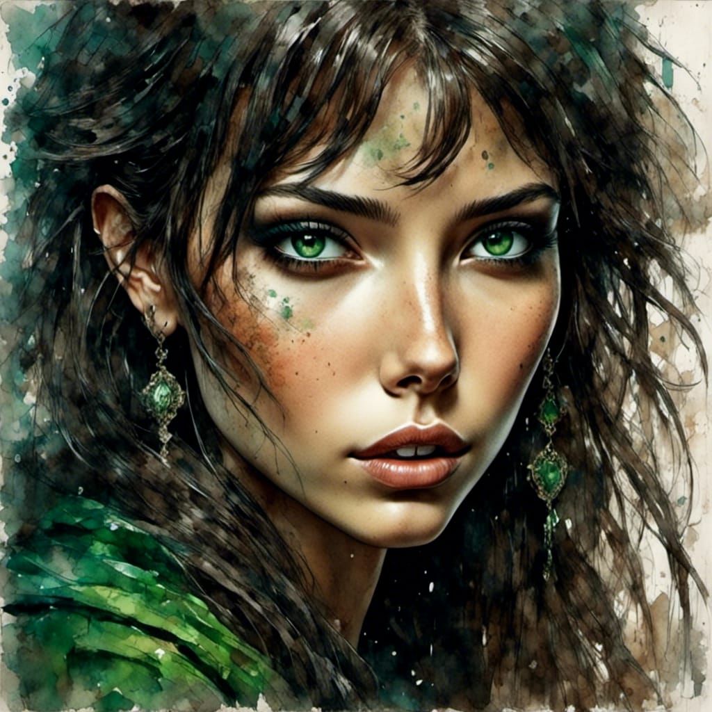 Beautiful Elf Portrait with Dark Hair in Grunge Style