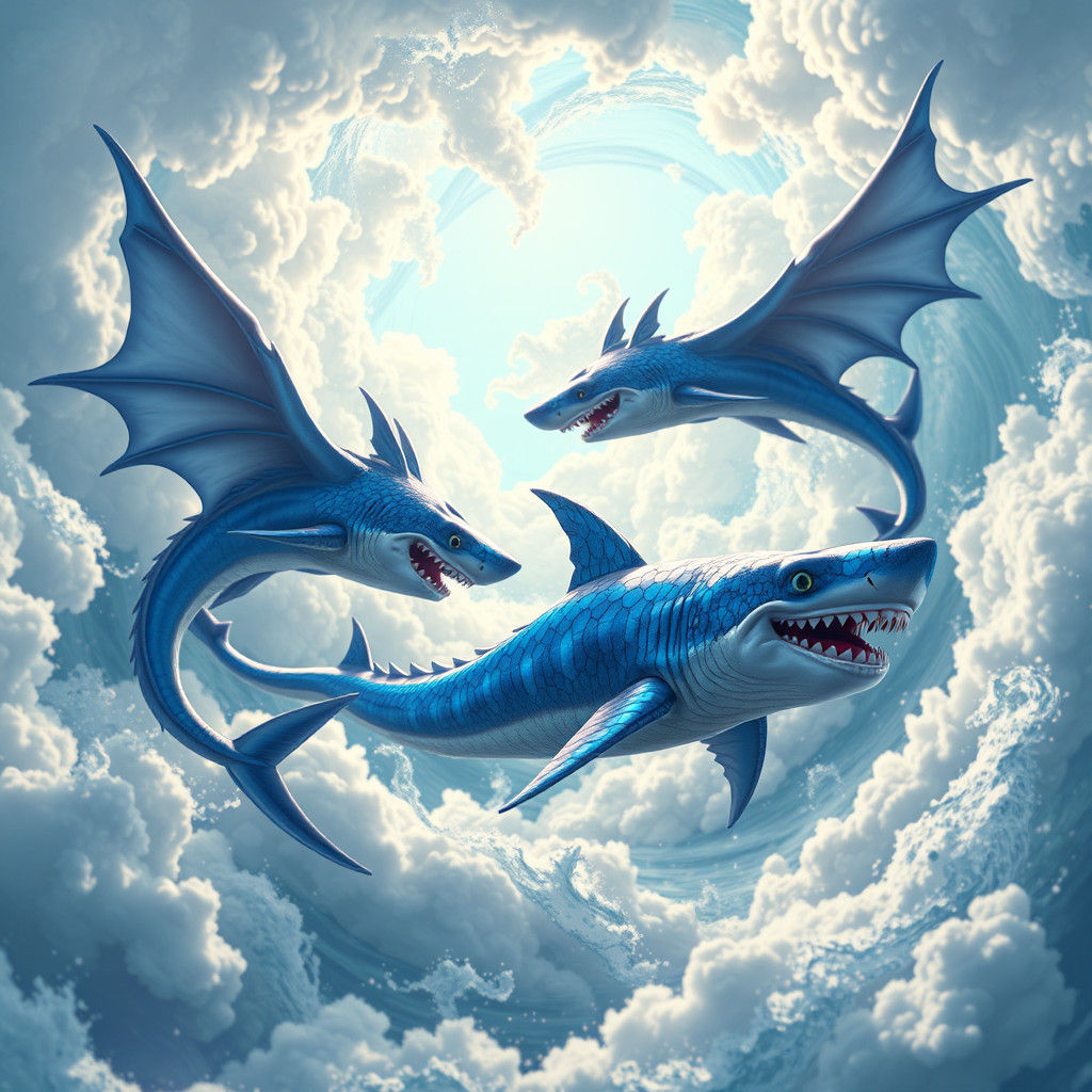 Shark Dragons Soaring Through Oceanic Clouds in 3D Anime Art