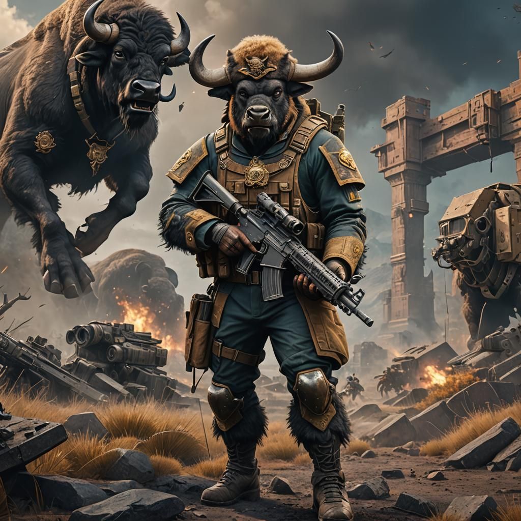 Buffalo Soldier with Machine Gun, Detailed Fantasy Art