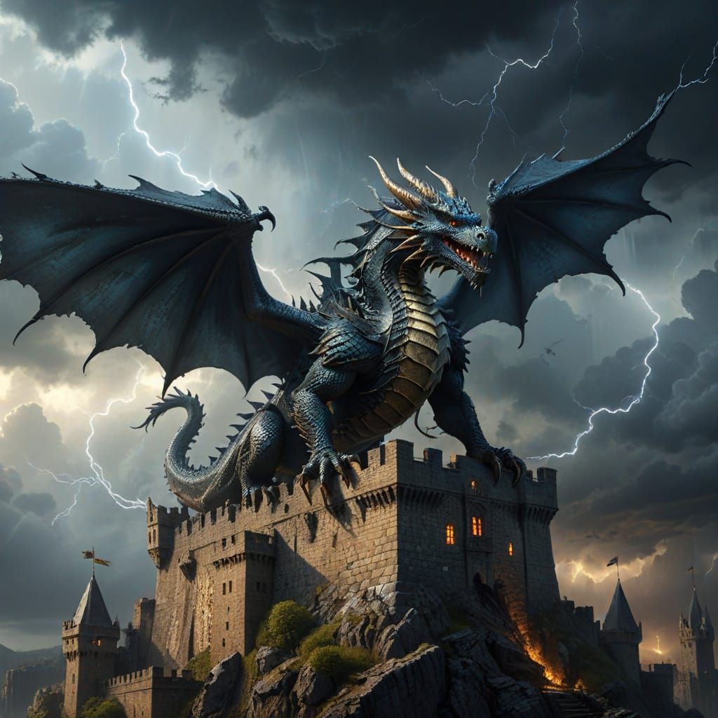 Majestic Dragon Soars Over Medieval Castle in Stormy Sky