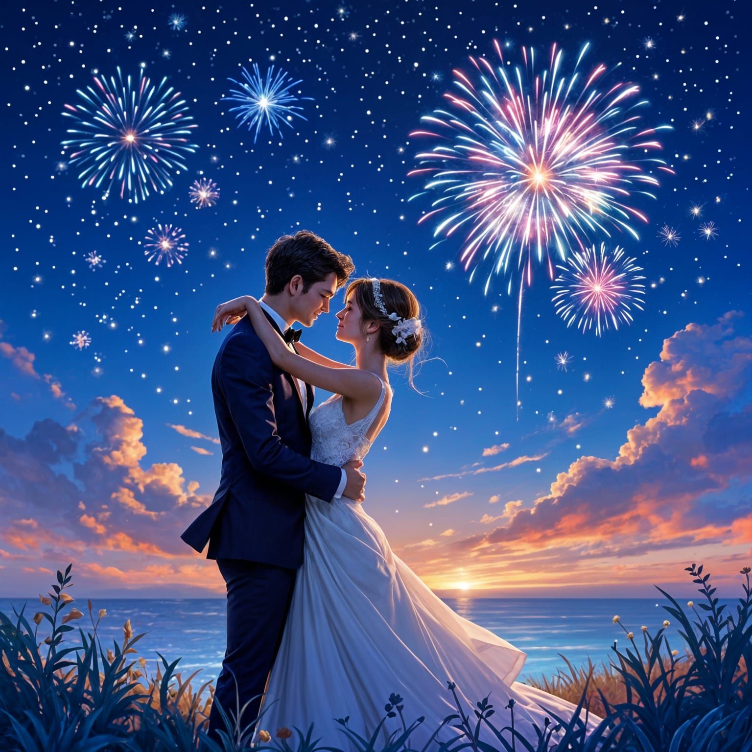 Romantic Couple Embracing Under Fireworks and Stars