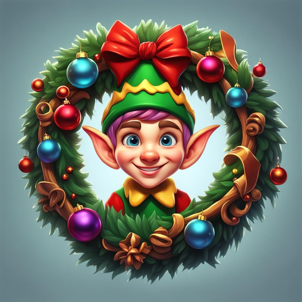 Festive Christmas Wreath with Cheerful Elf Sticker
