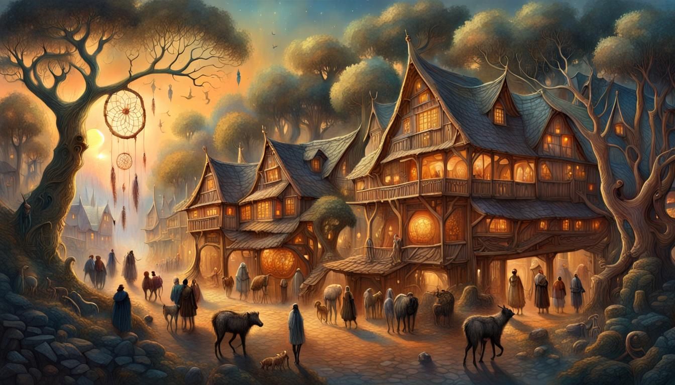 Mystical Forest Village in Fantasy Illustration Style