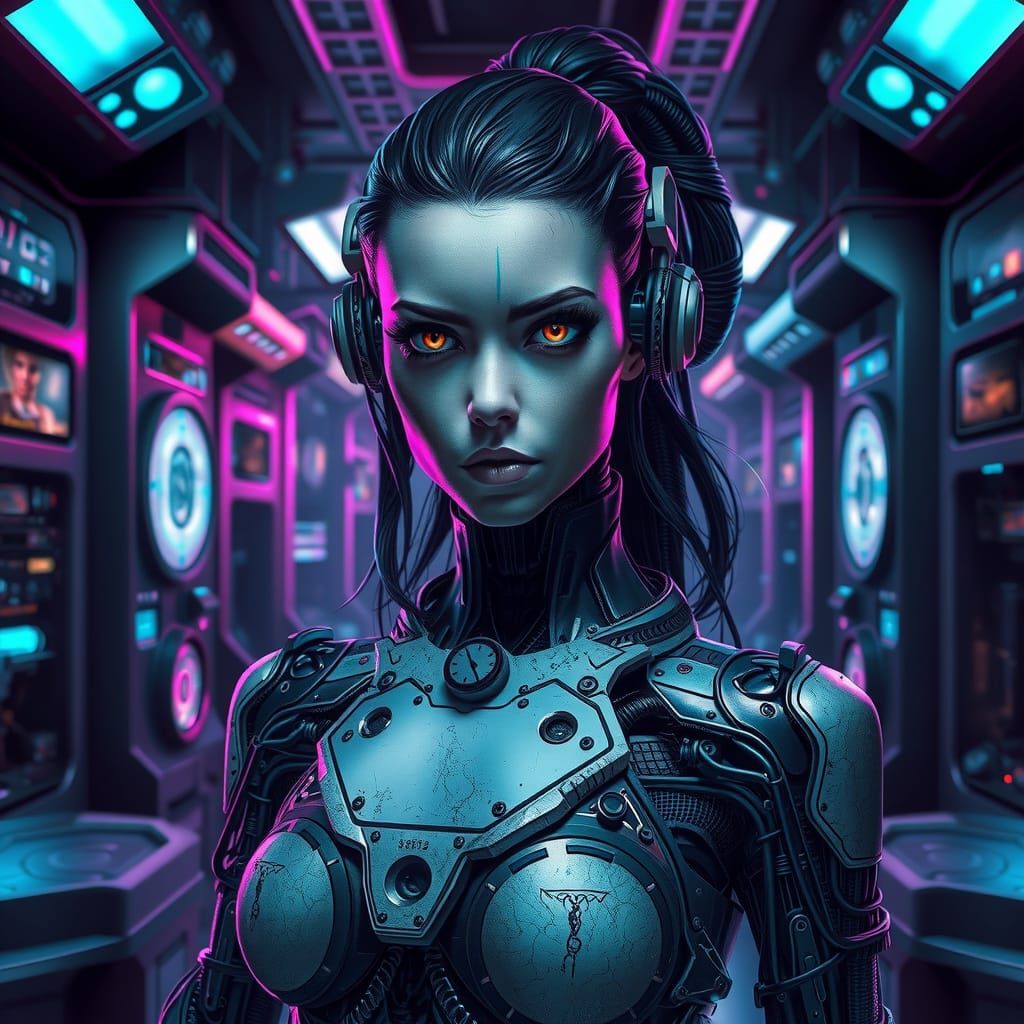 Cyborg Woman in Futuristic Lab in Cyberpunk Style