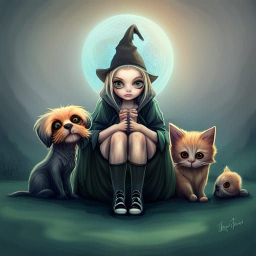 Cute Skeleton Creature with Kitten in Fantasy Art