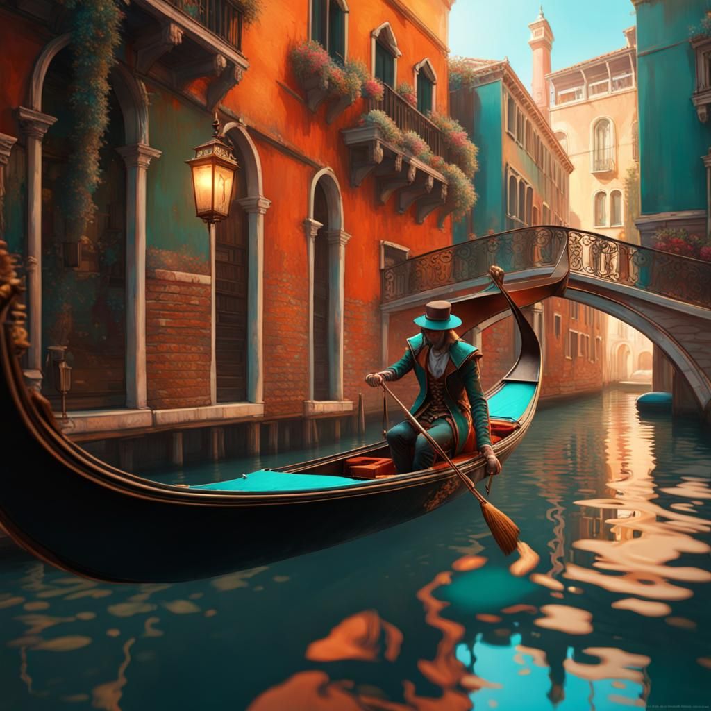 Harlequin Gondola Ride in Venice: Digital Art