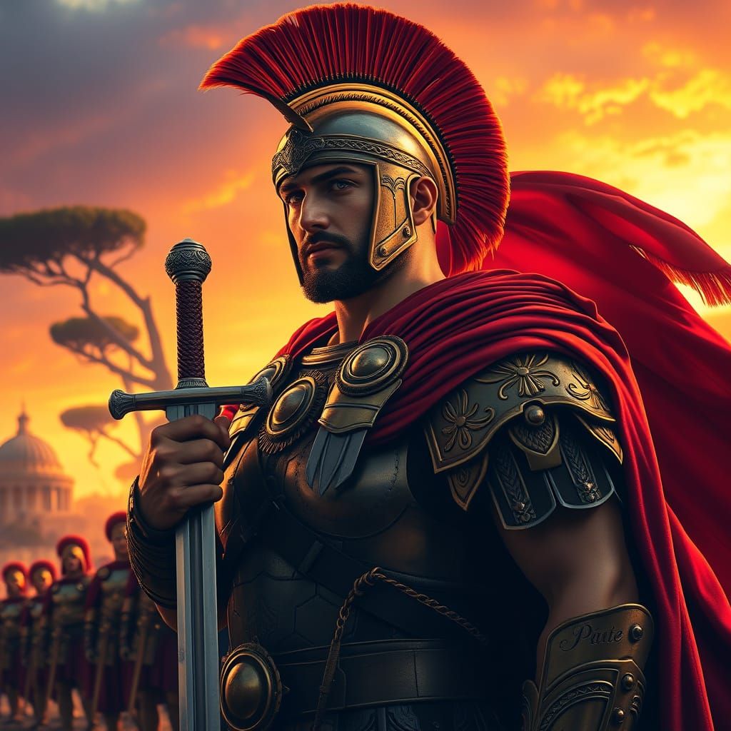 Roman Centurion in Golden Armour, Ancient Rome Sunset