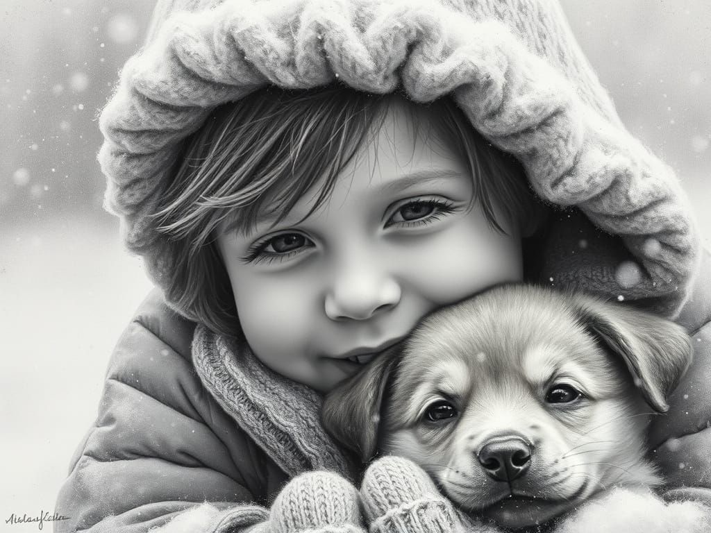 Warmth in the Fierce Storm: Child and Puppy Huddle Close