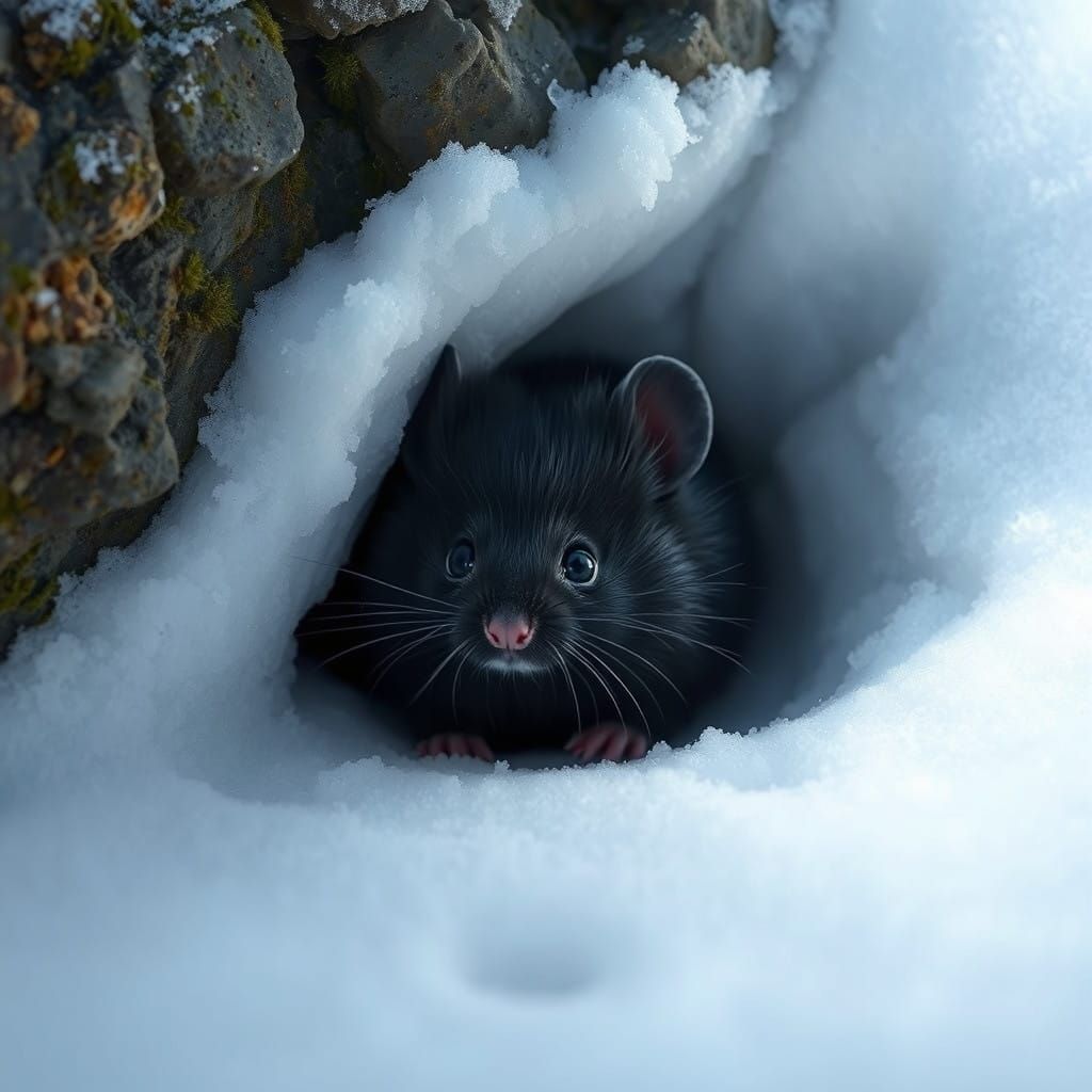 Whimsical Snowbound Mouse, Rendered in Photorealistic Detail