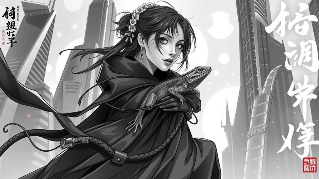 Elegant Woman with Lizard in Futuristic Cityscape