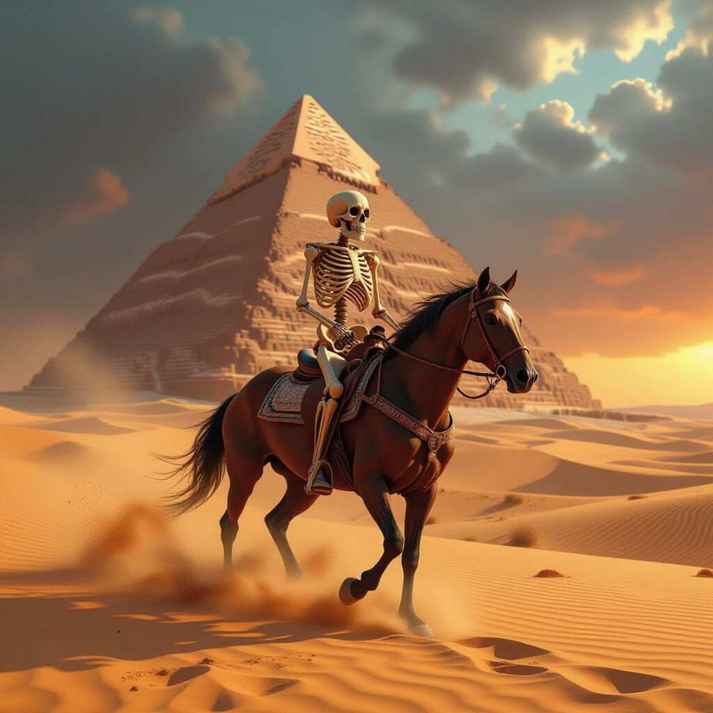 Skeleton Rider on Sand Horse in Desert Storm