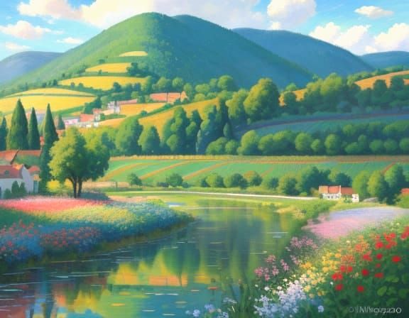 Idyllic Countryside Landscape with Rainbow, Impasto Oil Pain...