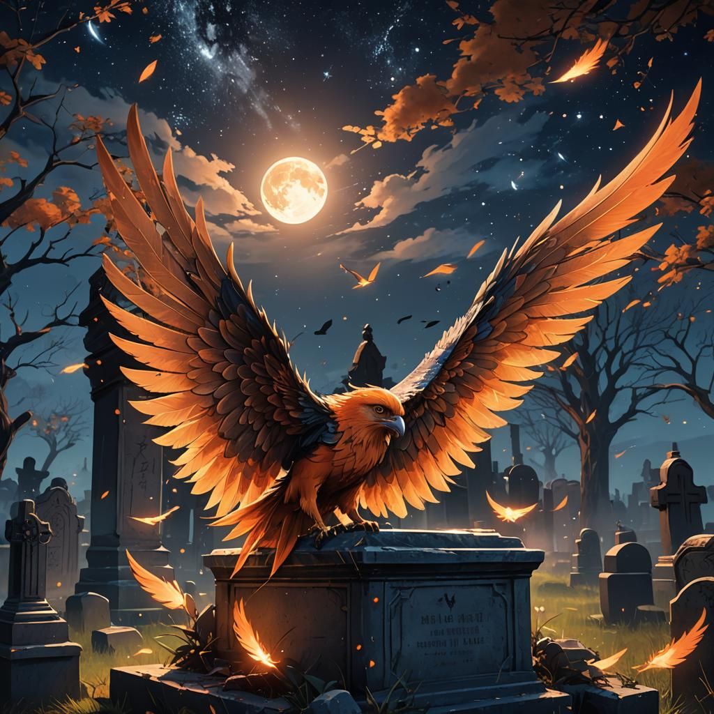 Orange hawk open wings over a grave