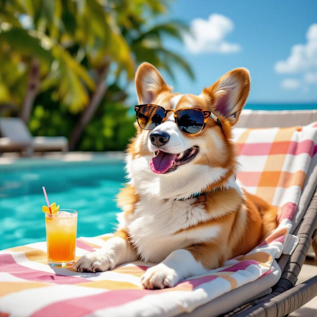 Corgi Relaxing Poolside in Sunglasses