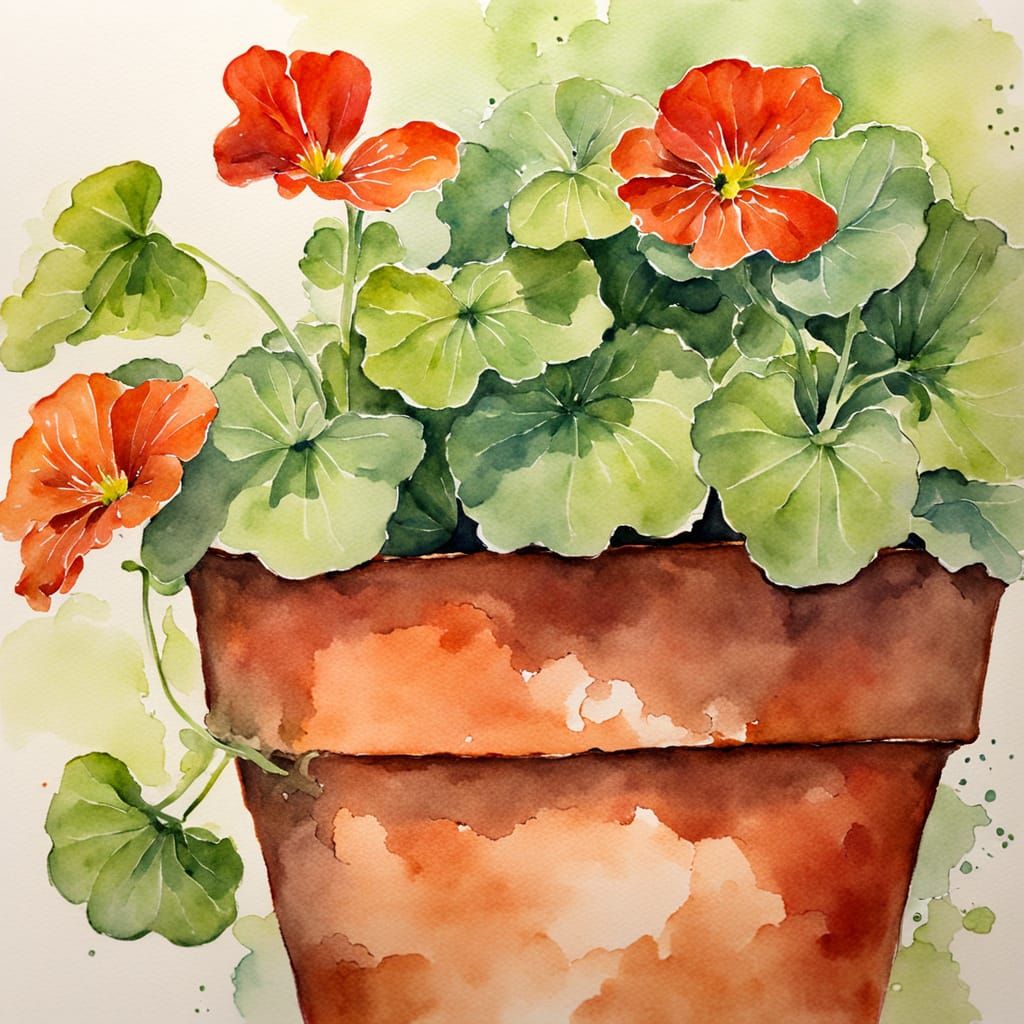 Red Nasturtium in Terracotta Pot: Watercolour Floral