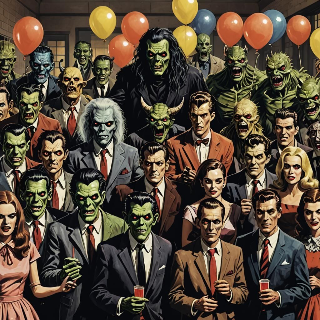 Classic Horror Monsters In A High School Party