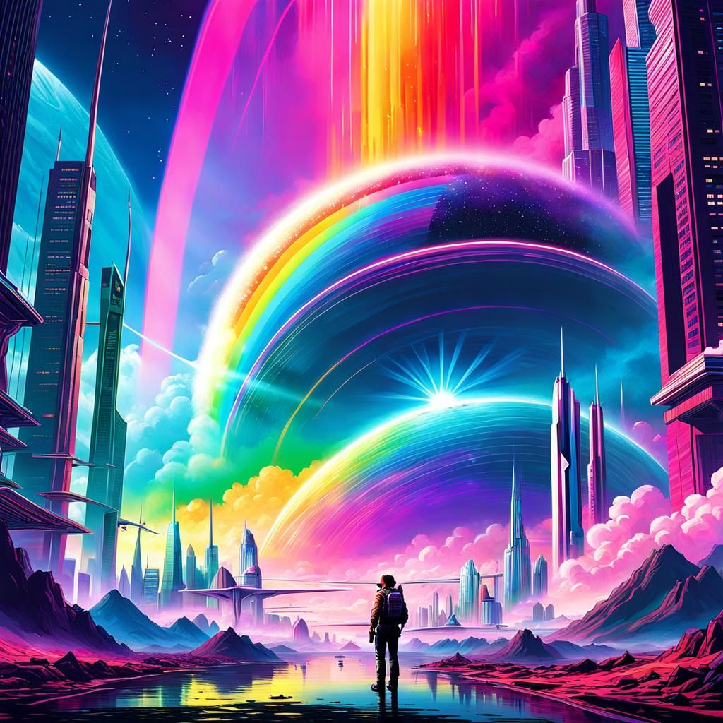 Vibrant Rainbow Sci-Fi Dystopia Art