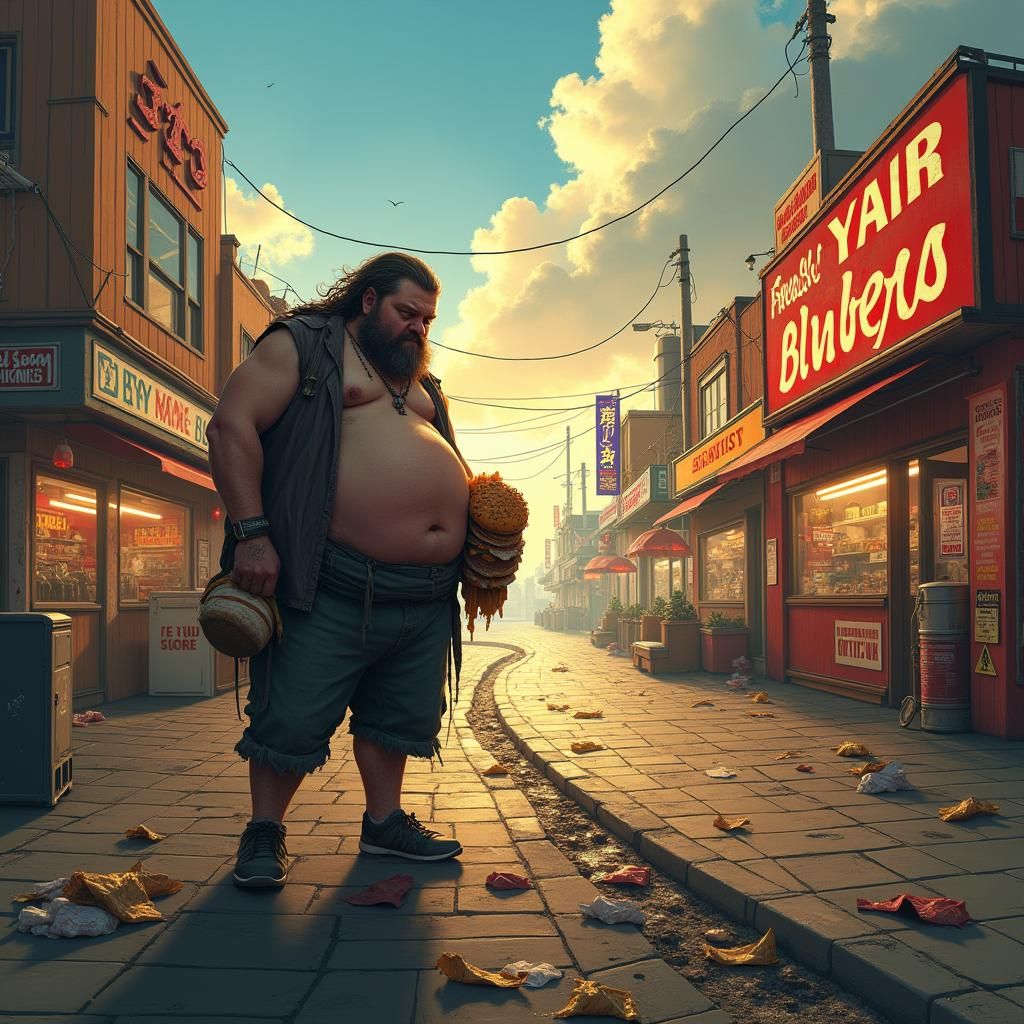 Obese Man at Crossroads of Food and Fitness