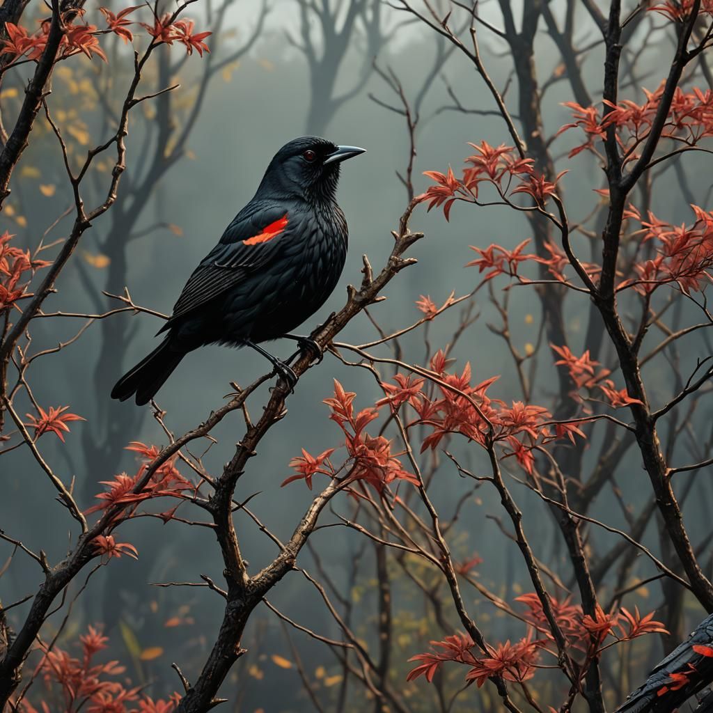 Redwing Blackbird Matte Painting in Detailed Color
