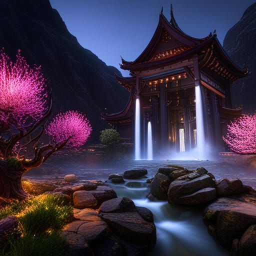 Night Temple with Plum Tree and Lotus