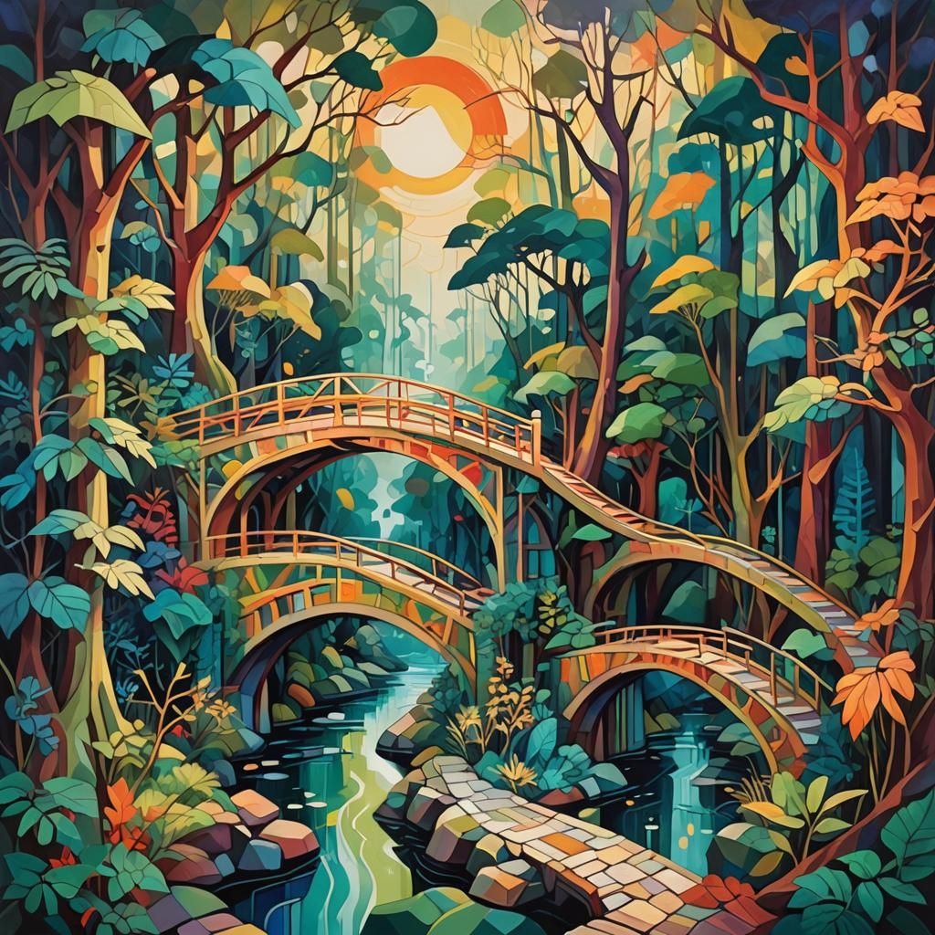 Elven Bridges in Mystical Forest: Cubist Painting