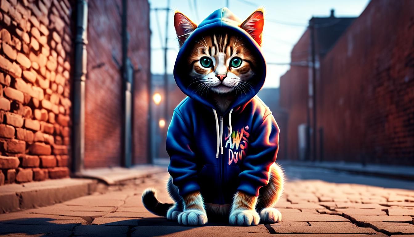 Hoodie Kittens in Front of Brick Wall at Night
