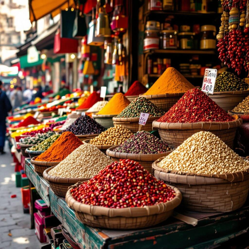 Colorful Spices and Sesame Seeds Market Scene