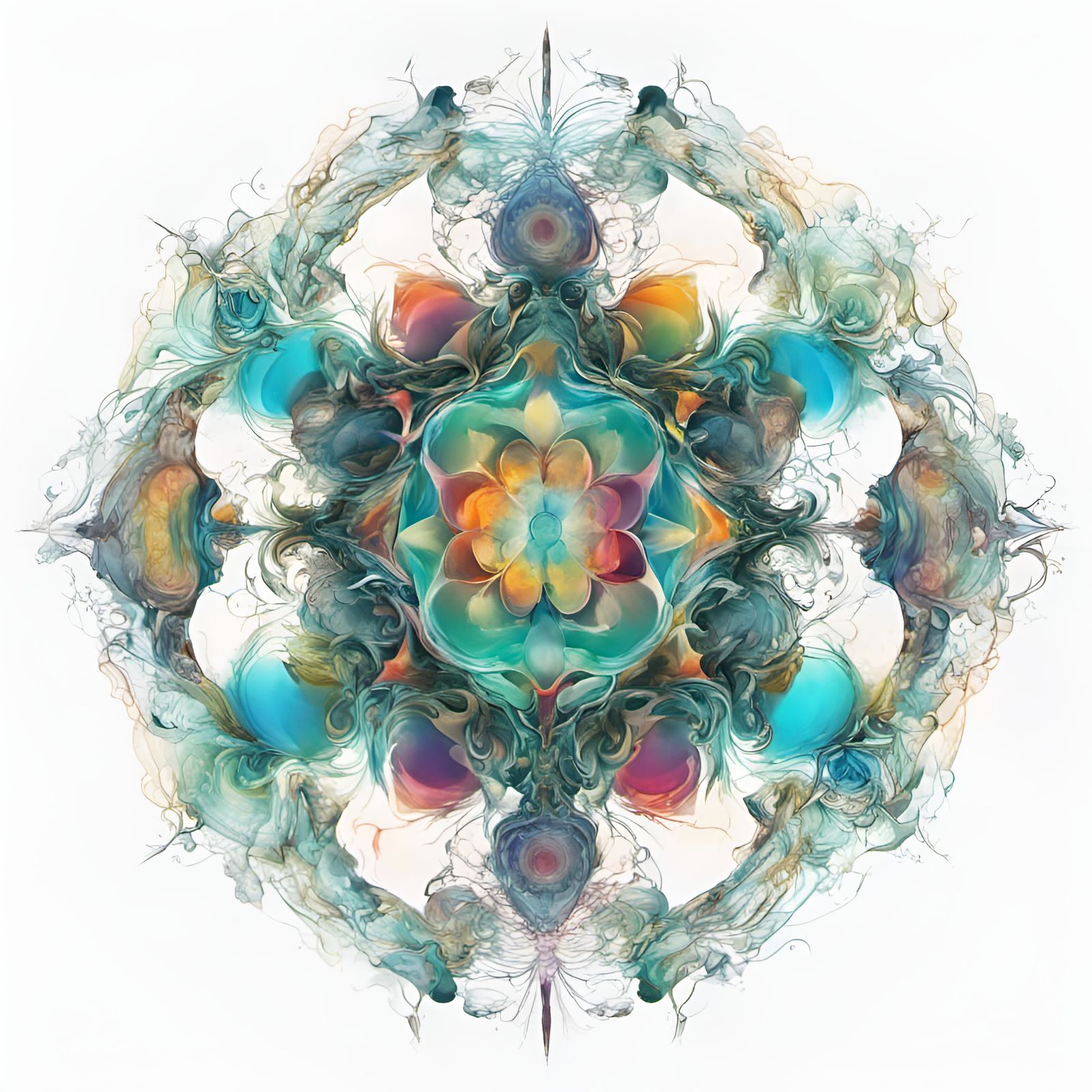 Kaleidoscopic Fractal Floral Art in Split Complementary Colo...