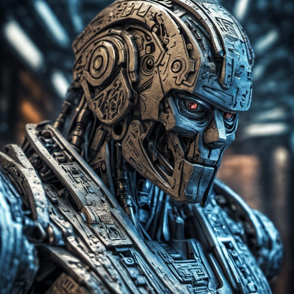 hieroglyphic etched sub-zero robot.