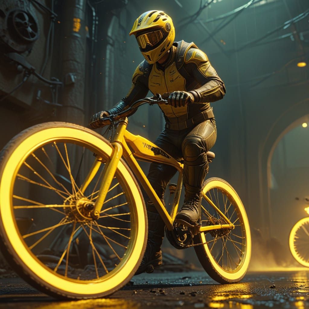 Man on Glowing Yellow Bike in Cinematic Style