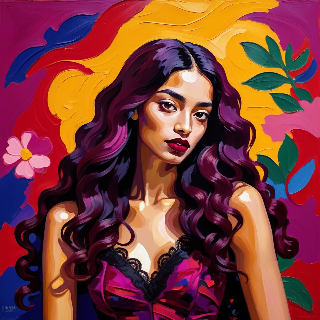 Fauvist Portrait of Girl in Magenta and Black Lace