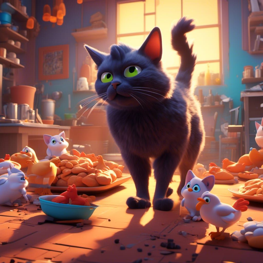 Cartoon Cat Stalking Chicken, 3D Digital Art