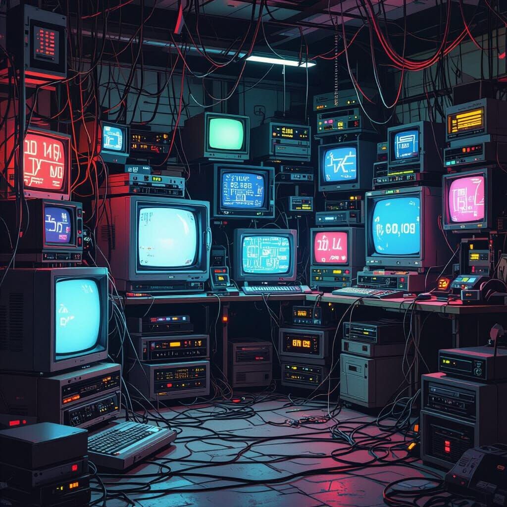 Cyberpunk Room With Vintage Electronics and Glowing Screens
