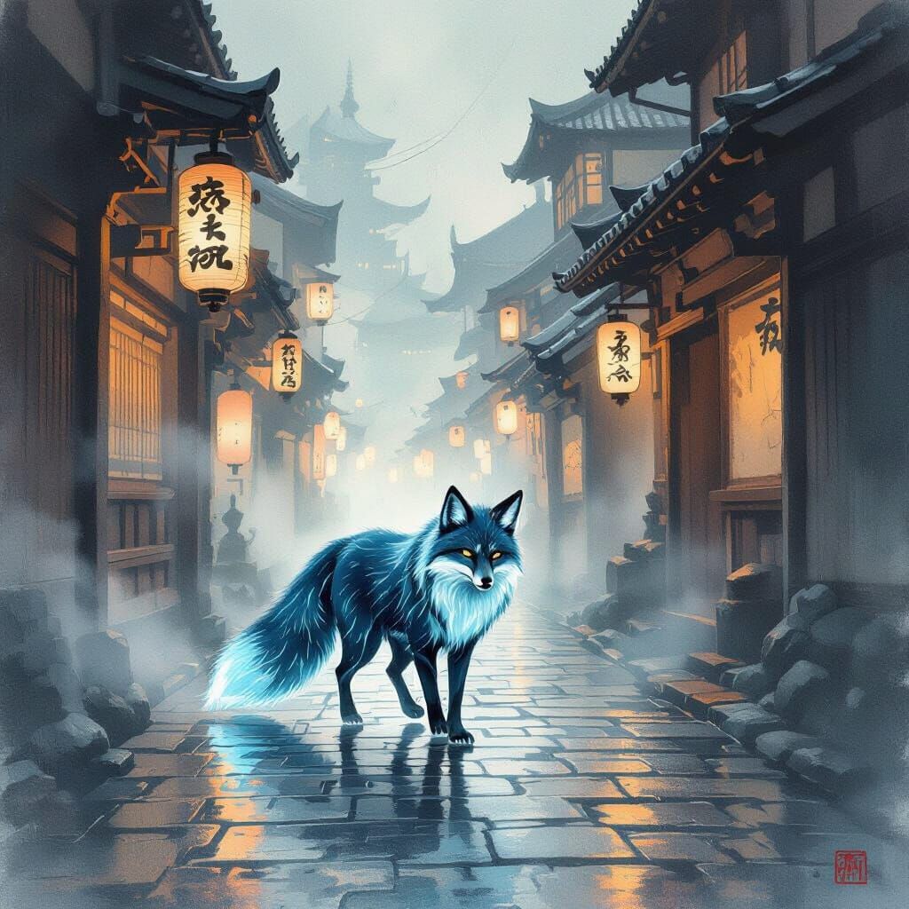 Mystical Fox Spirit on Historic Japanese Street in Ukiyo-e S...