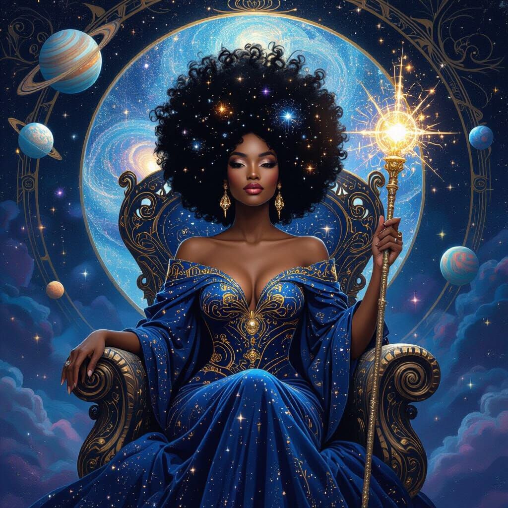 Cosmic Queen on Stardust Throne in Art Nouveau Style