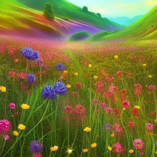 Vivid Wildflower Meadow: Detailed Digital Painting