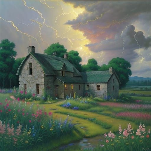 Abandoned Cottage Overgrown with Blooming Vines