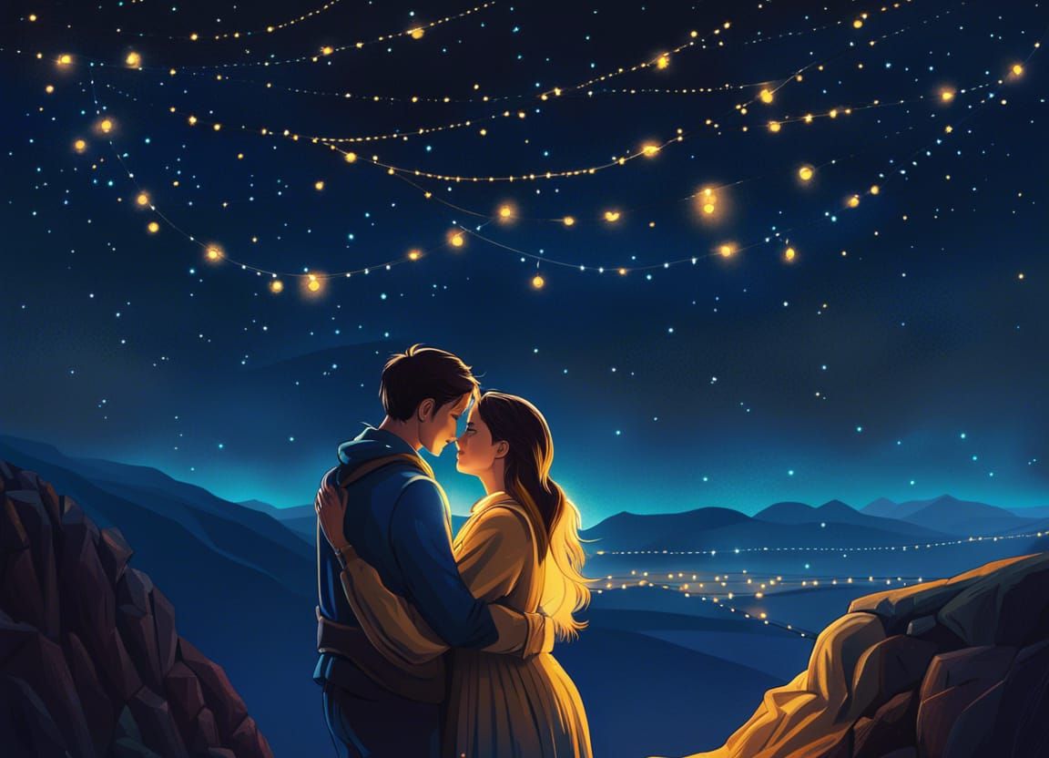 Romantic Couple Embrace Under Starry Night Sky