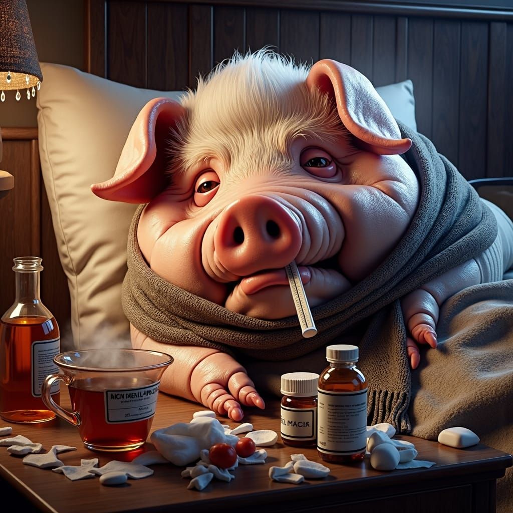 Sick Pig in Bed: Hyper-Realistic 3D Rendering
