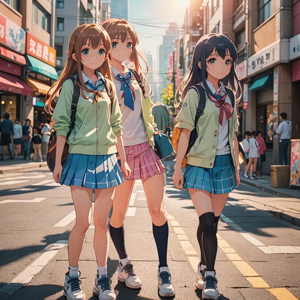 Anime Twin Sisters in Colorful Cityscape