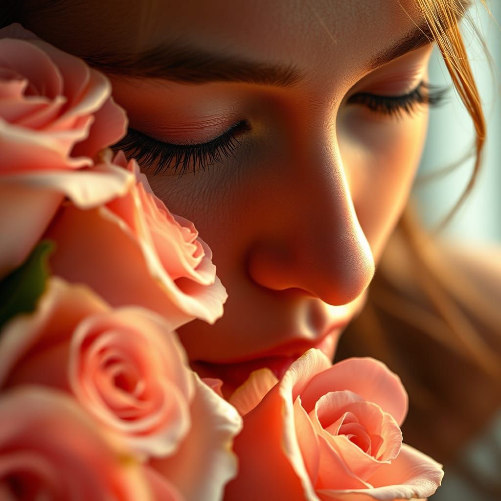 Delicate Beauty Basks in Rose Fragrance, Close-up Portrait i...