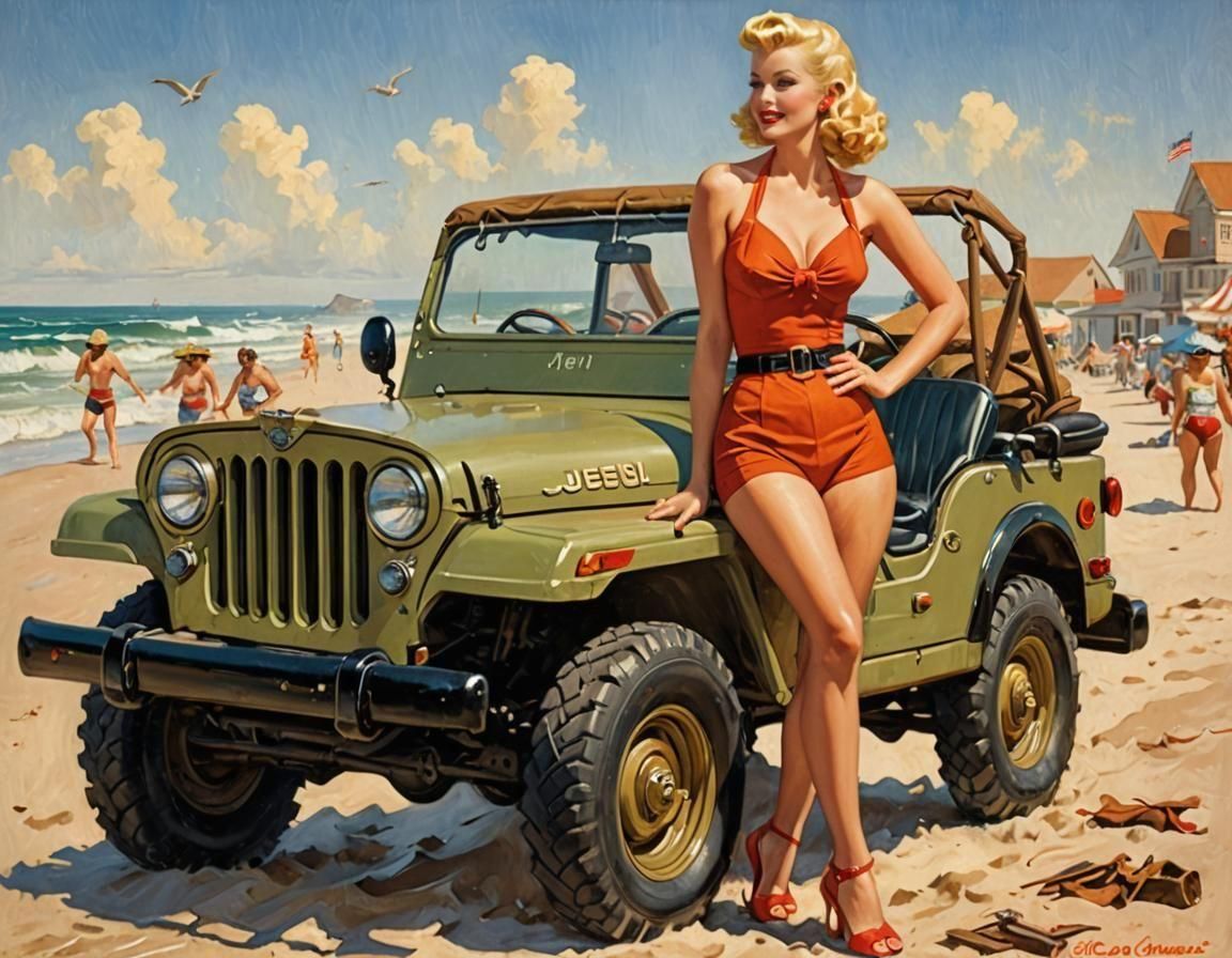 Vintage Pin-Up Girl With Jeep on Beach