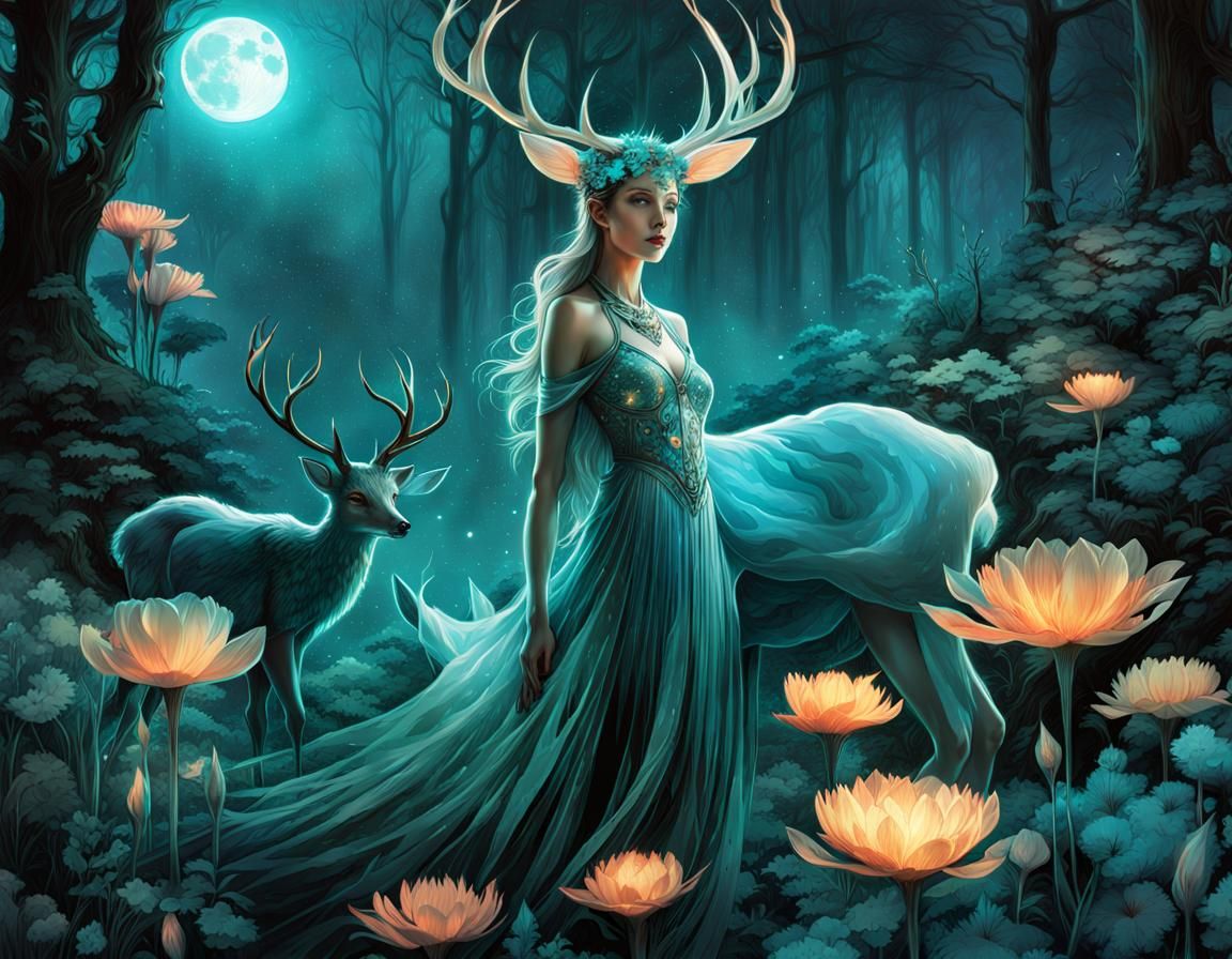 Bioluminescent Elf in Enchanted Forest Digital Art
