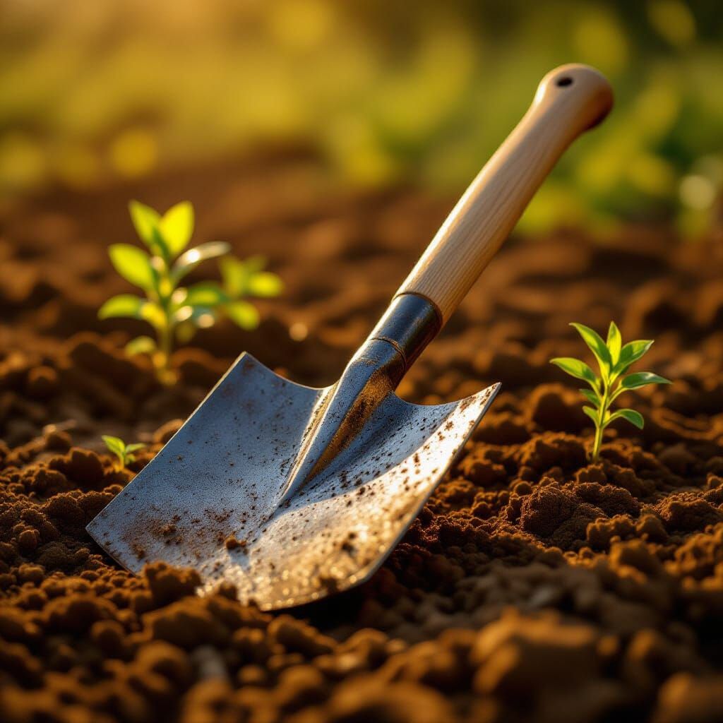 Rusty Hoe on Soil at Sunrise Hyperrealism