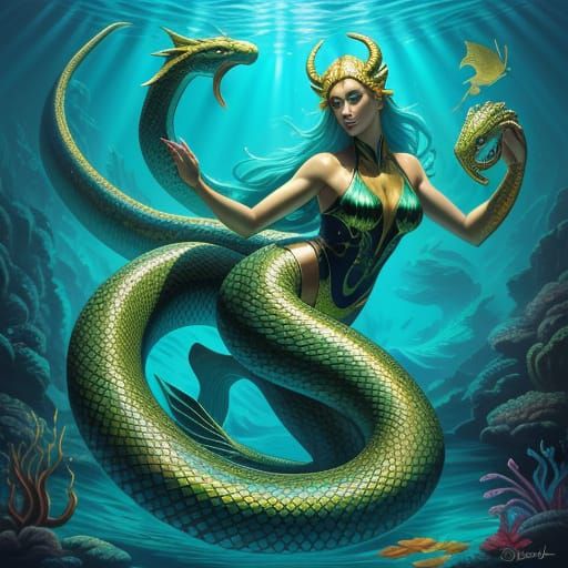 Underwater Serpent Woman in Oil Painting Style