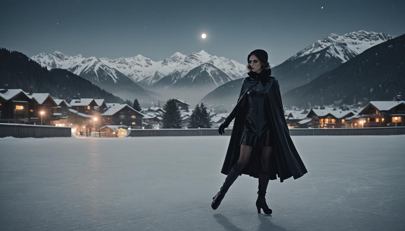 Latex Skater in Snowy Alps: Film Noir Style