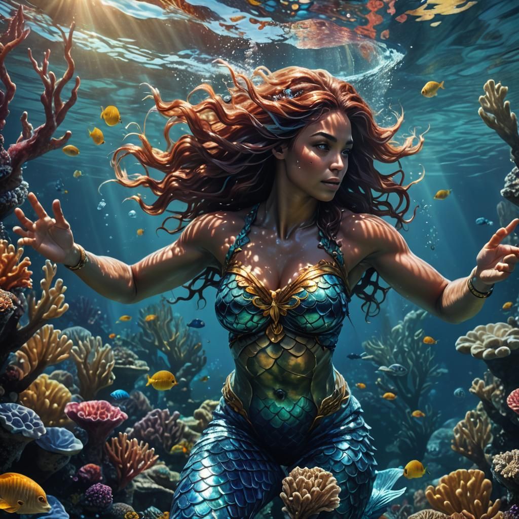 Muscular Mermaid in Underwater Coral Scene