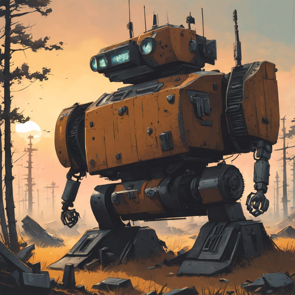 Robotic Graveyard at Sunset in Dystopian Sci-Fi Art