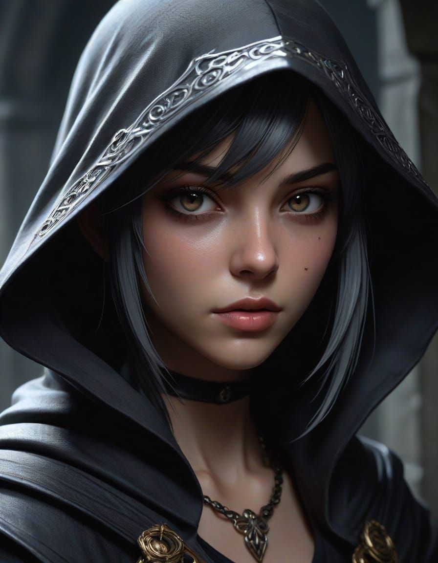 Mysterious Assassin in Shadows, Glowing Eyes, Gothic Style