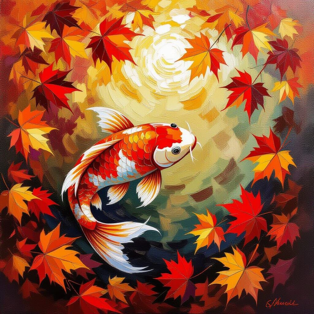 Impasto Oil Painting of Autumn Koi Fish
